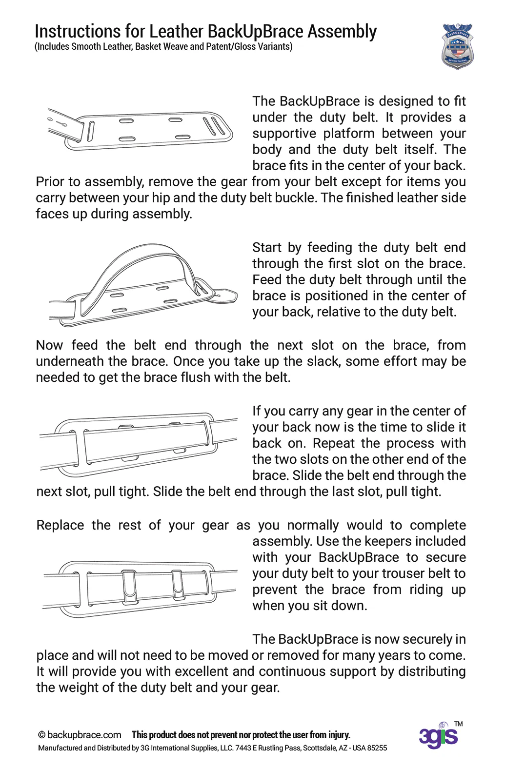 Instructions for leather BackUpBrace Assembly with text and images of the product.