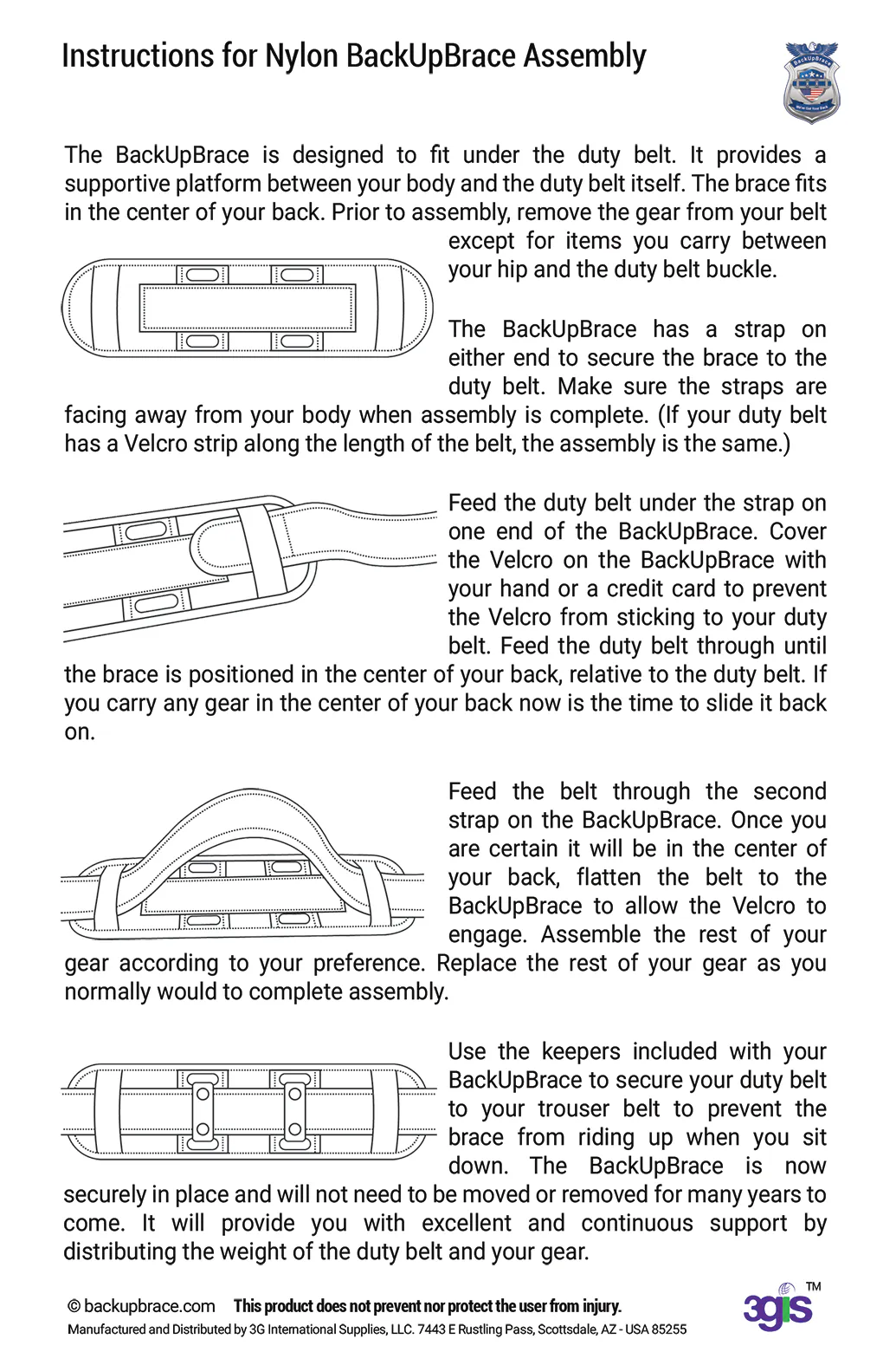 Instructions for Nylon BackUpBrace Assembly with text and diagrams.